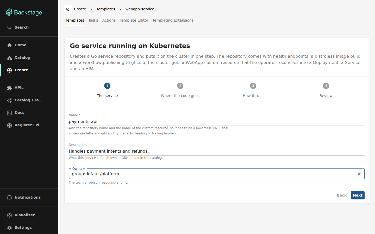 Screen recording: filling the Backstage template form creates a repository and a running Kubernetes workload