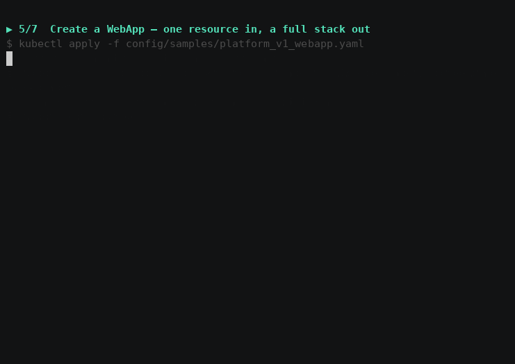 Terminal recording: a WebApp resource is applied and the operator creates a Deployment, Service and HPA